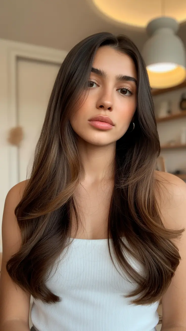 brunette hair color 2026 trends Soft Brunette With Subtle Caramel Veil