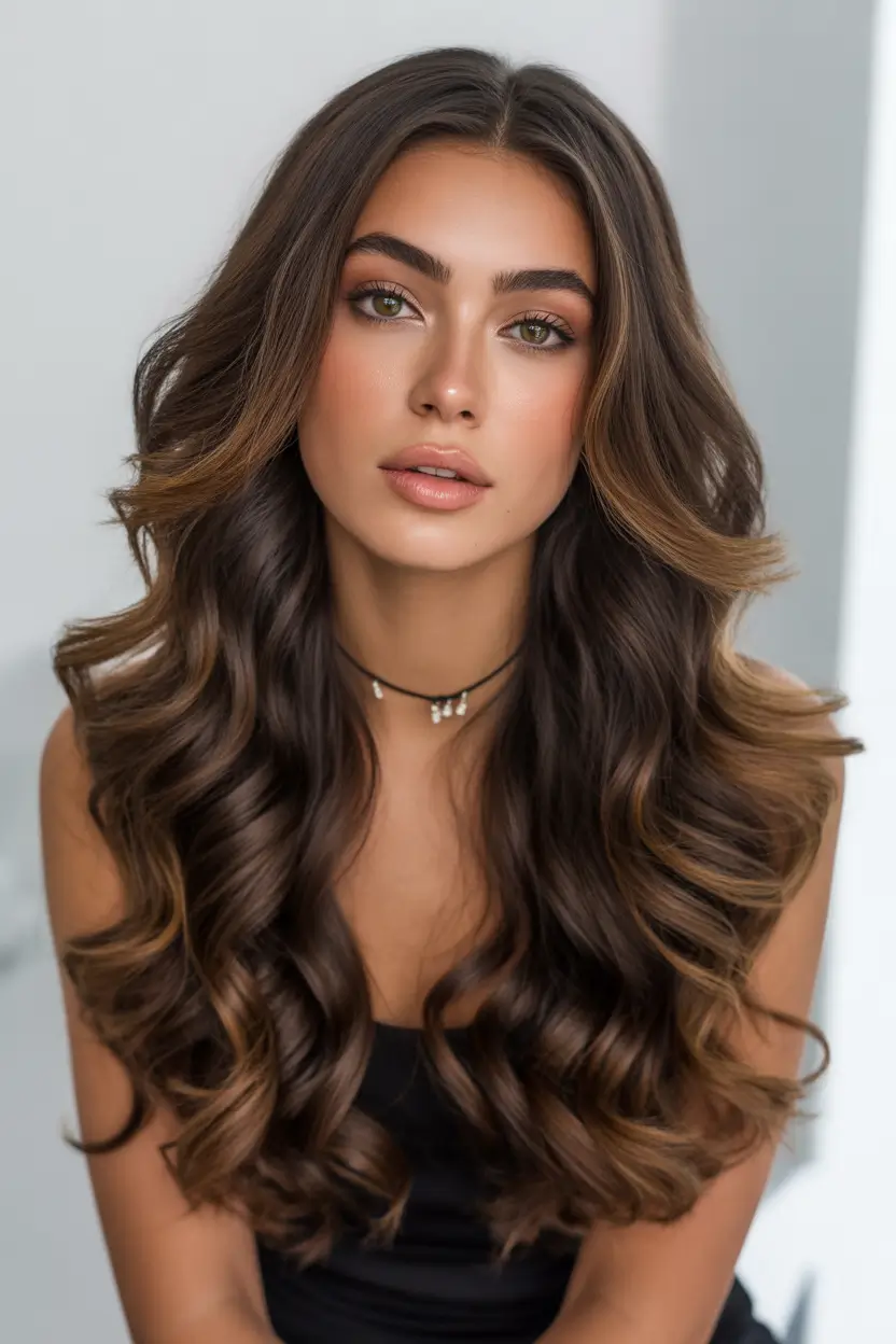 brunette hair color Molten Chocolate Waves With Ribboned Warmth