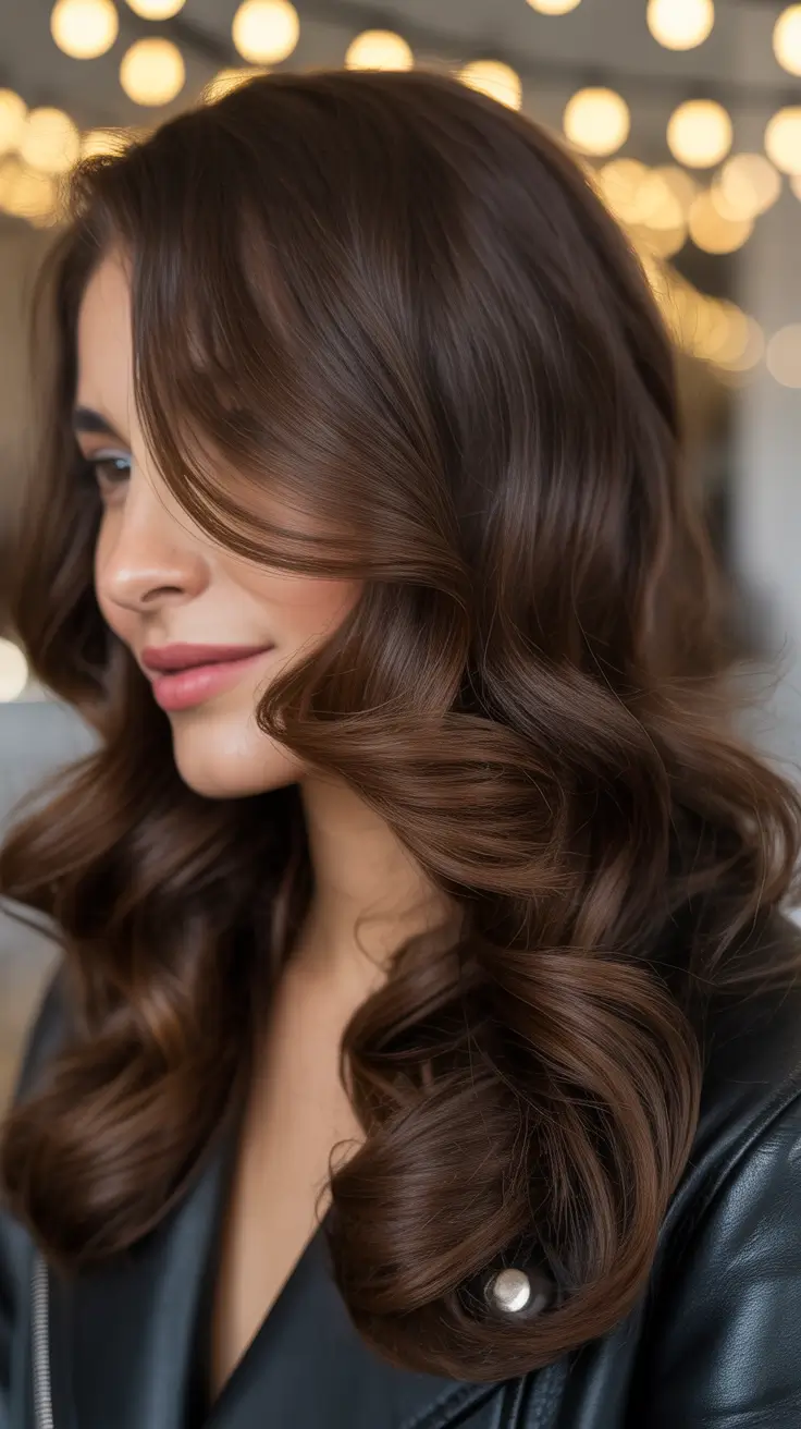 brunette hair color Chocolate Curls With a Glossed-Out Finish