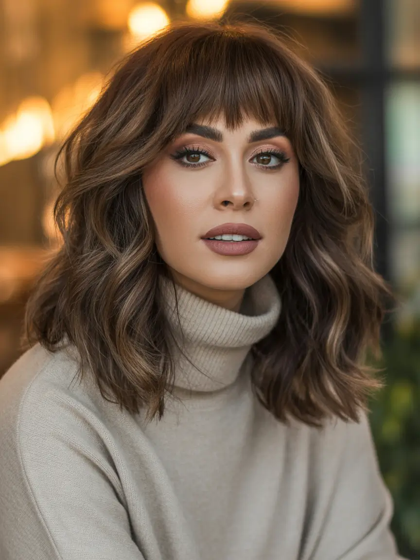 brunette hair color Softly Tousled Brunette Shag With Warm Framing