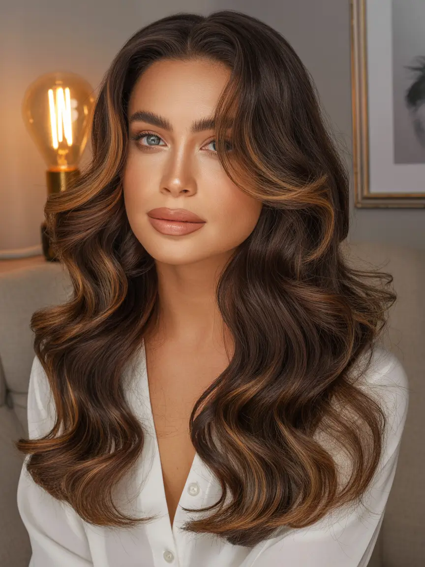 brunette hair color Caramel-Laced Brunette Volume With Luxe Waves
