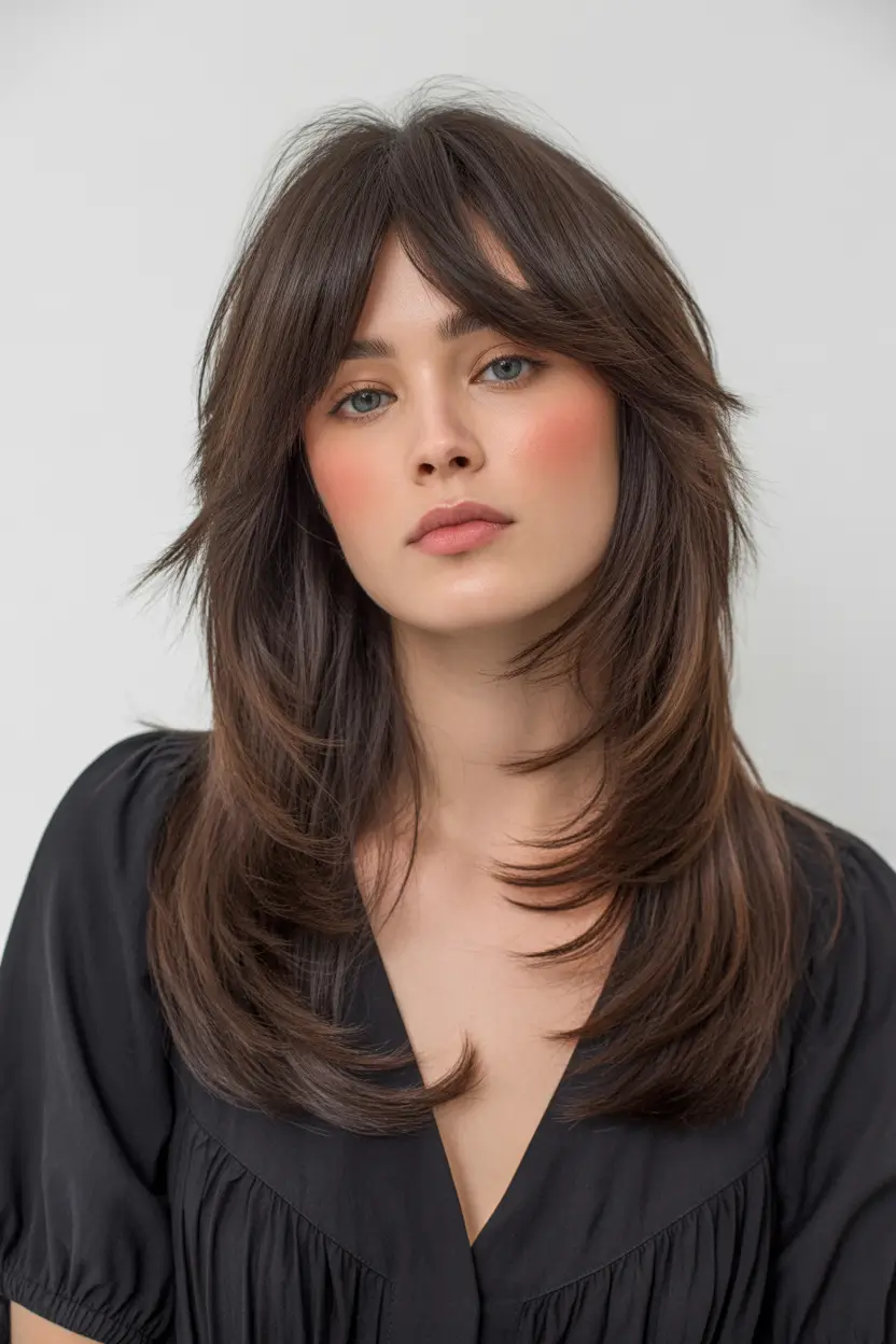 brunette hair color Feathered Espresso Brunette With Softly Flipped Layers