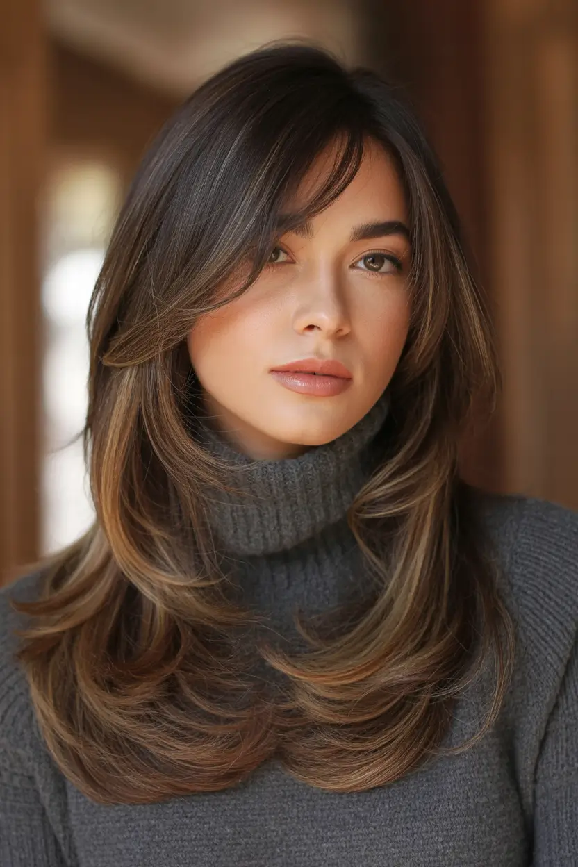 brunette hair color Soft Brunette With Warm Latte Ribbons and Rounded Layers