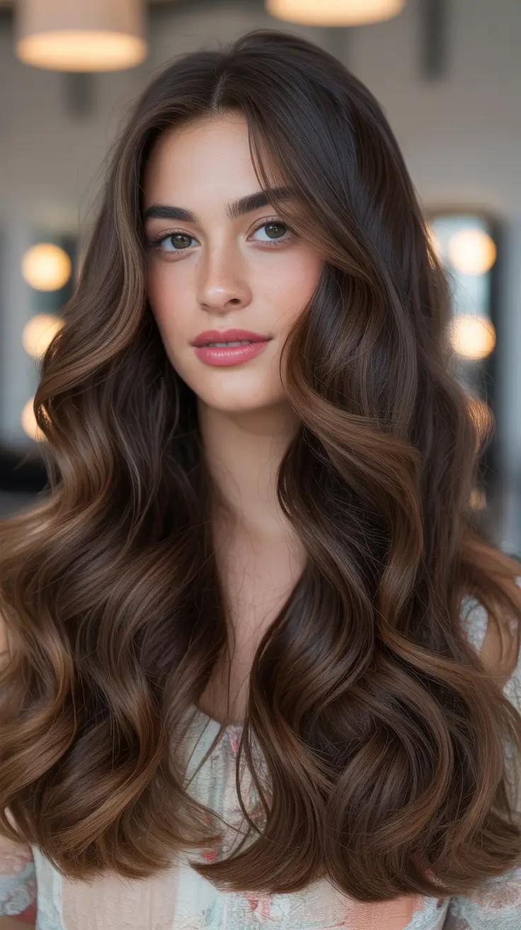 brunette hair color Flowing Rich Brunette With Soft Body Waves