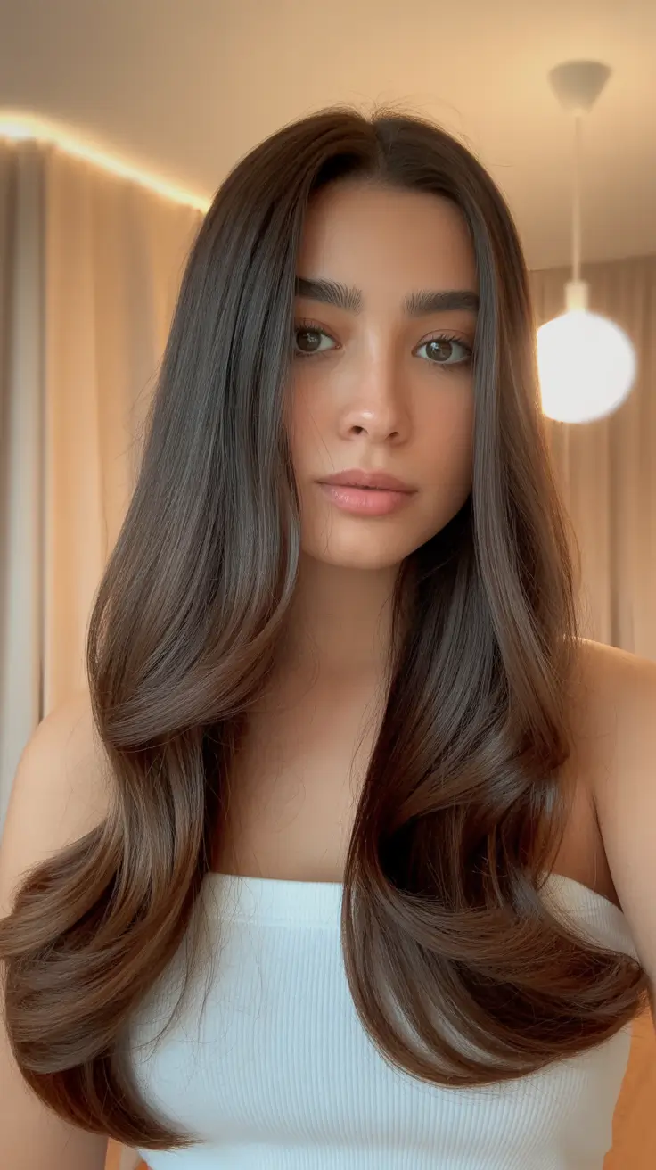 brunette hair color Glossy Dark Brunette With Full Fringe