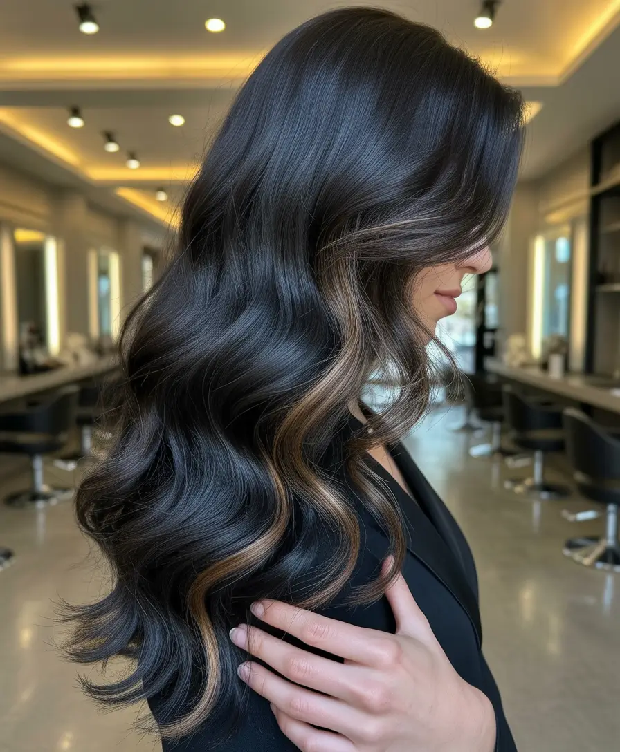 brunette hair color Dark Velvet Brunette With Caramel Contour Highlights