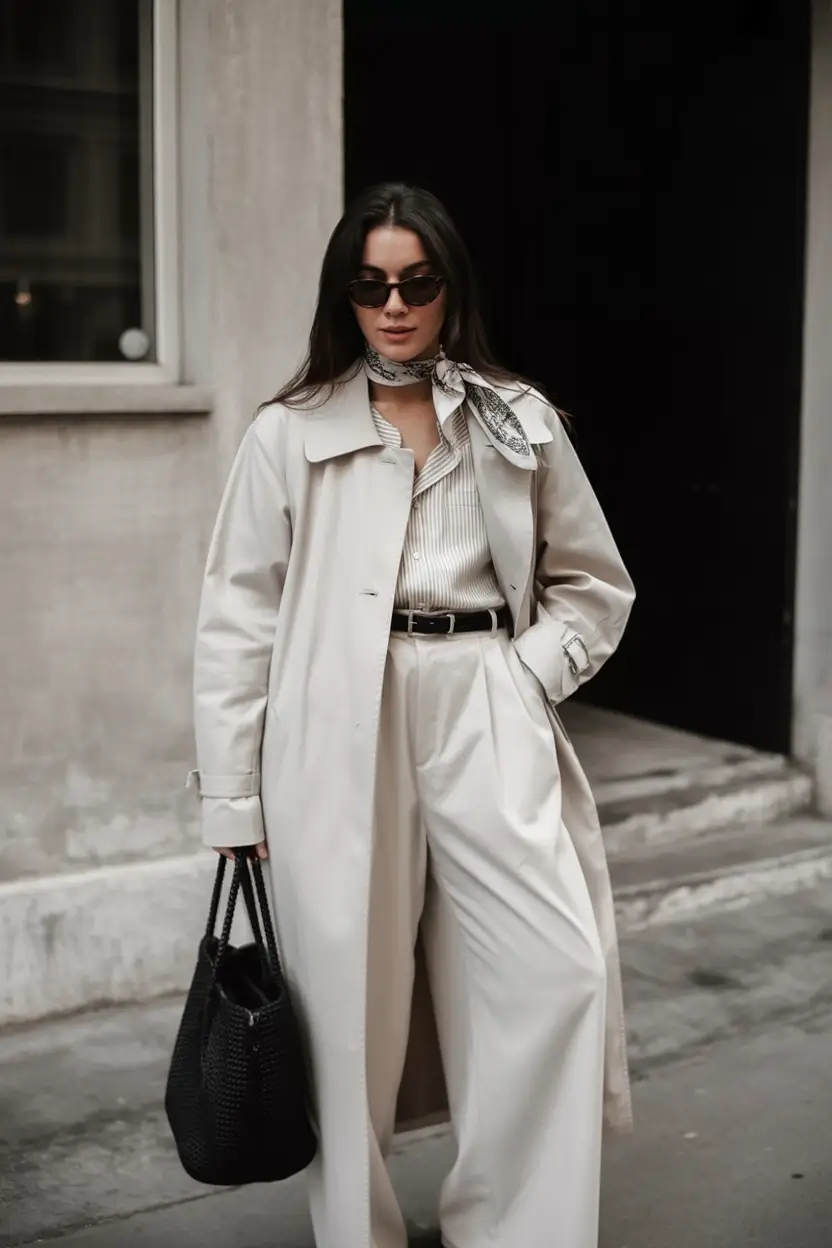 business casual outfits Timeless Neutrals: The Silk Trench Classic