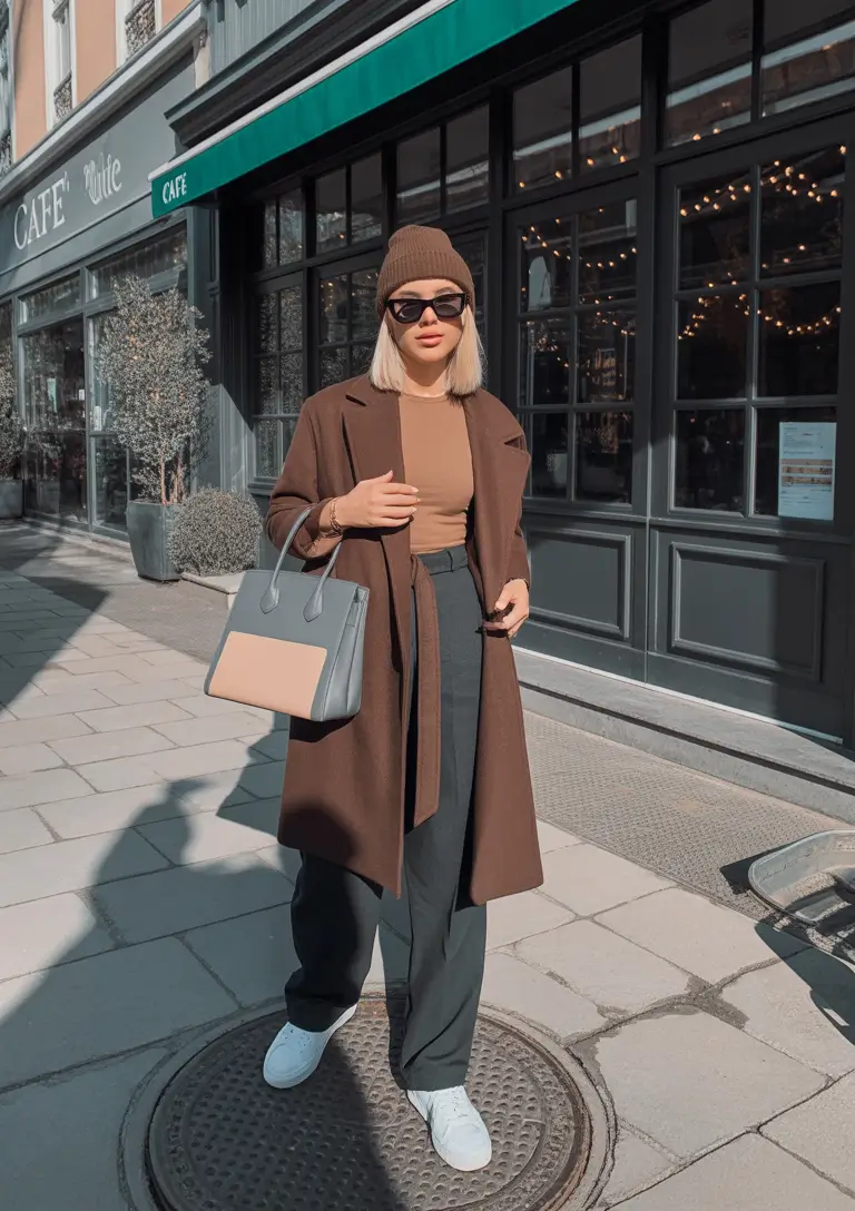 smart casual outfits Warm Brown Layers with a Hint of City Glam