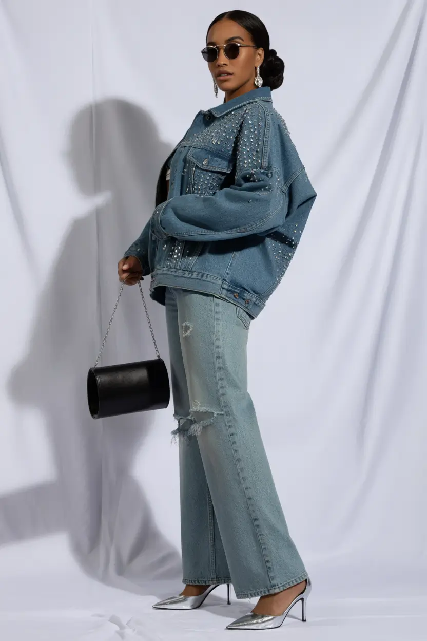 outfits for black women Crystal-Studded Denim Drama