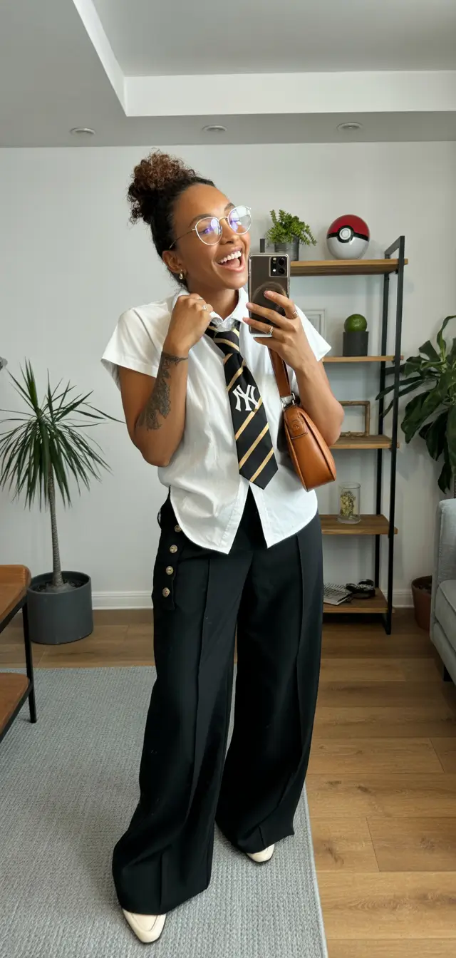 outfits for black women Playful Tie and Button-Down Twist