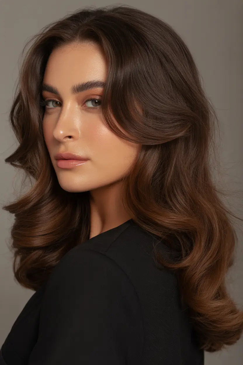 dark brown hair color 2026 Soft Studio Waves in a Rich Espresso Flow