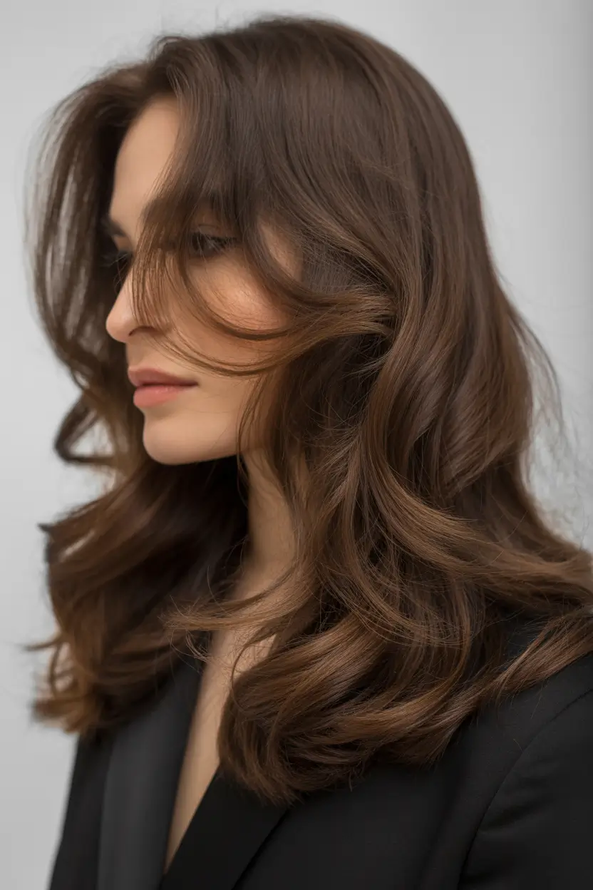 dark brown hair color 2026 Soft-Layered Brunette with Feathered Face Framing