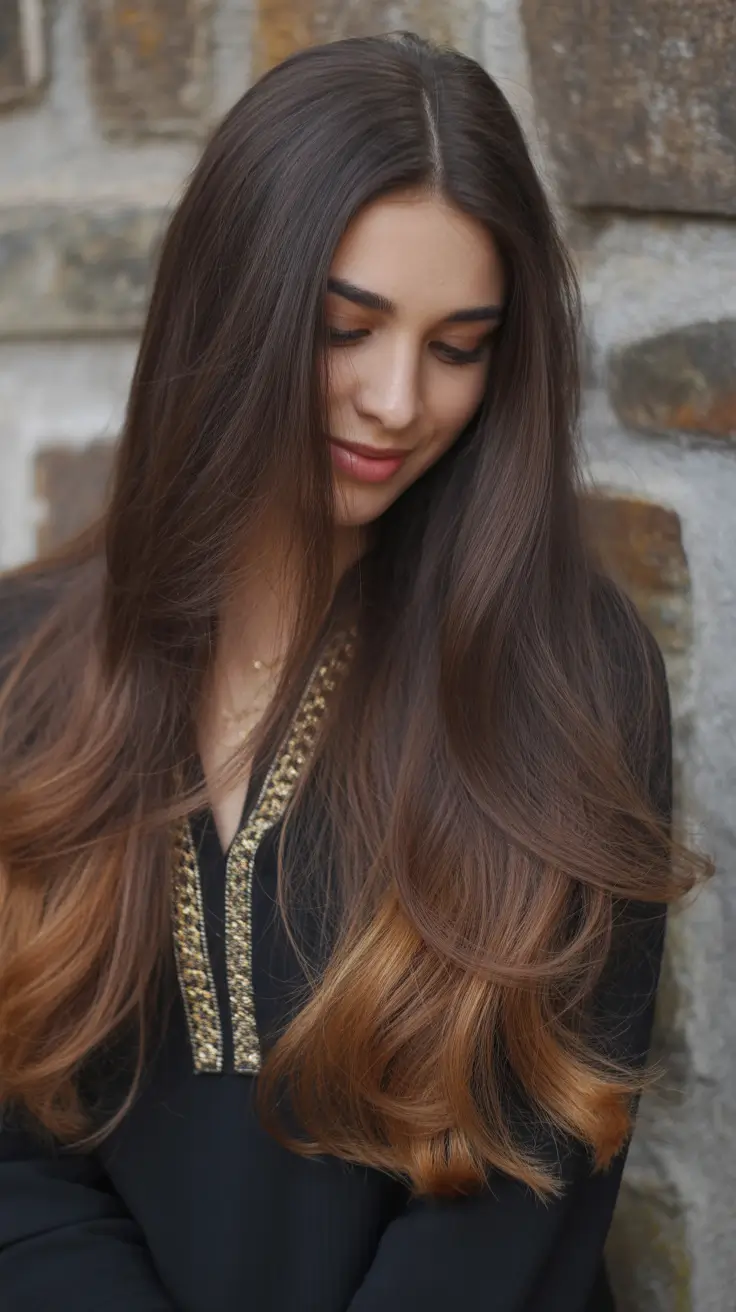 dark brown hair color 2026 Soft Ombre Lengths with a Warm Caramel Melt