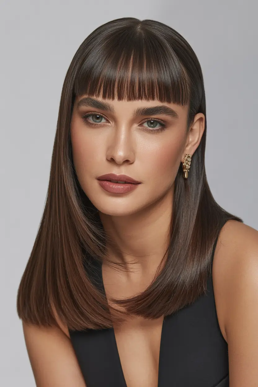 dark brown hair color 2026 Ultra-Sleek Brunette Bob with Clean-Cut Micro Bangs