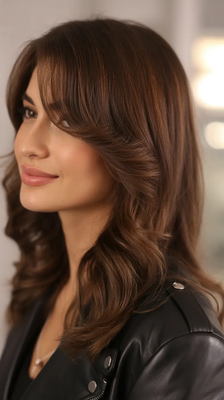 dark brown hair color 2026 Soft Flicked Layers with a Warm Chocolate Shine