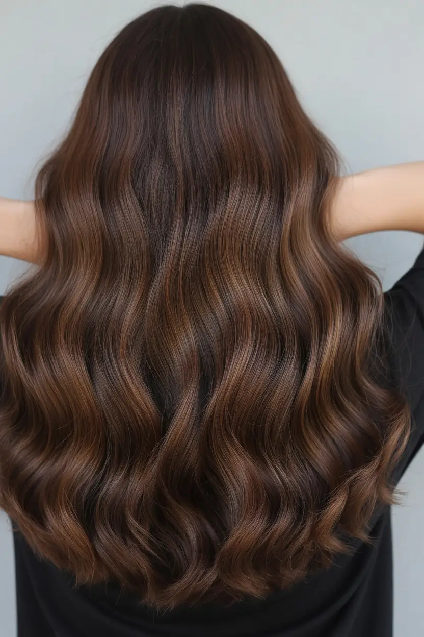 dark brown hair color 2026 Chocolate-Syrup Gloss Waves with Fluid Movement