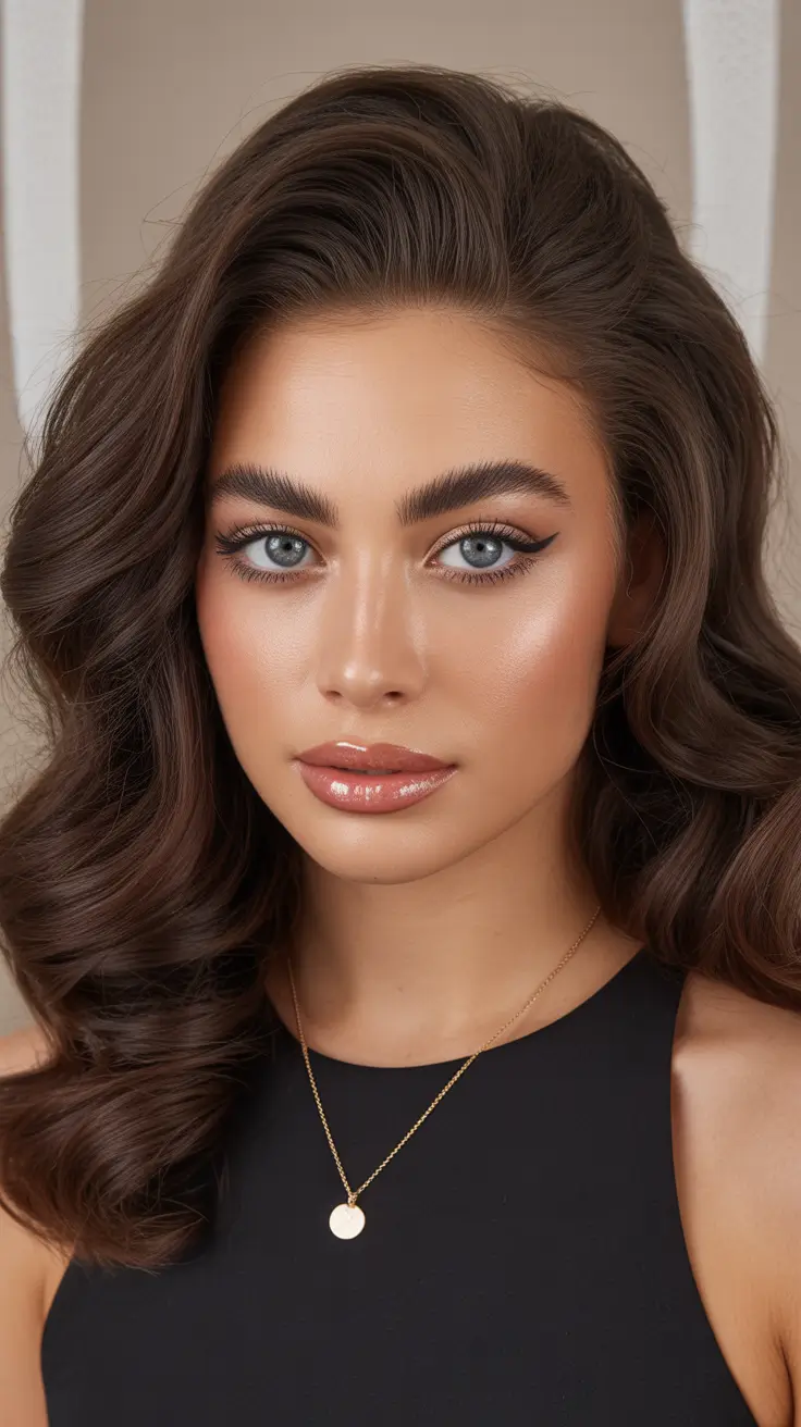 dark brown hair color 2026 Polished Chocolate Waves with Soft Luxe Volume