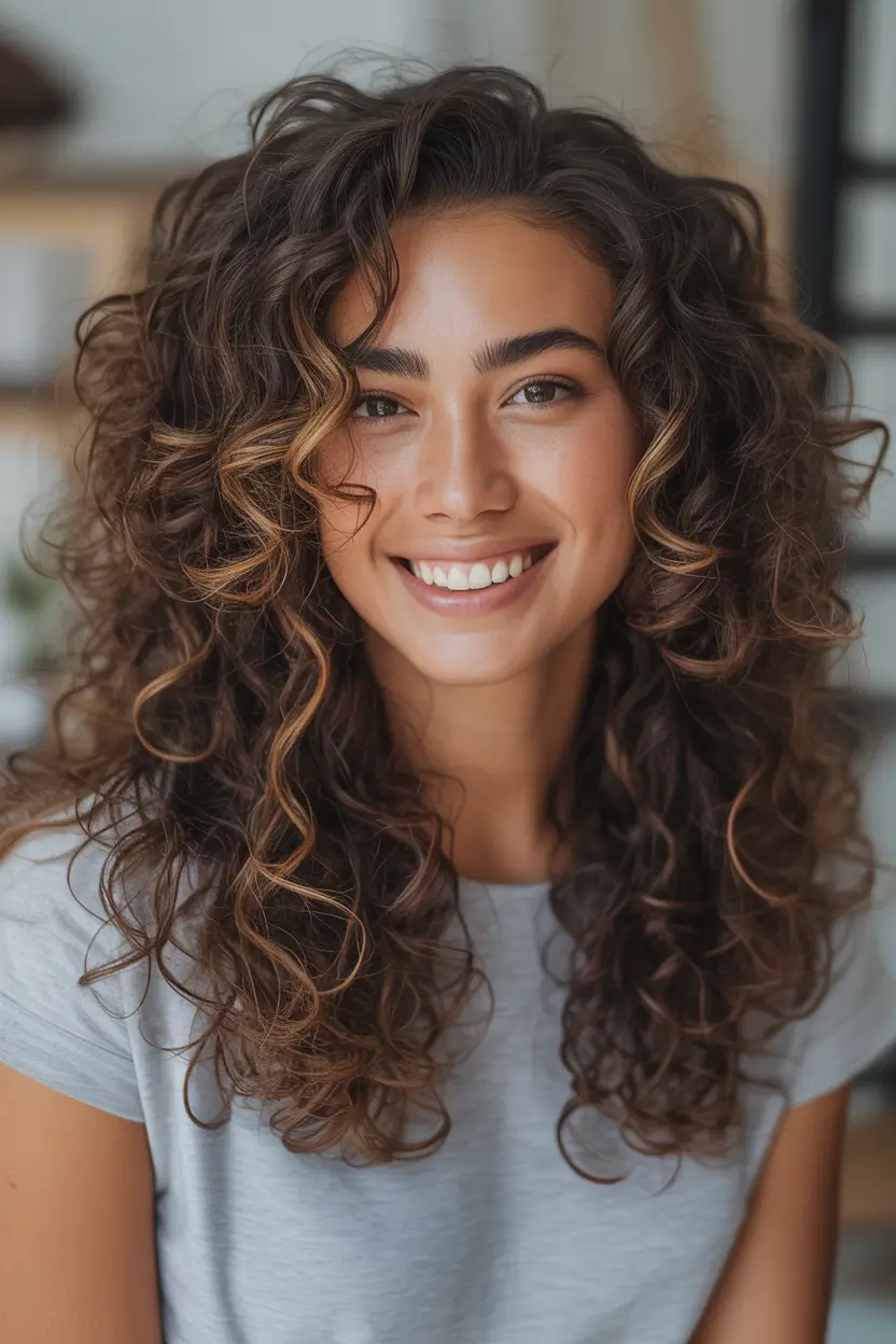 dark brown hair color 2026 Bouncy Curly Brunette with Golden Ribbon Highlights