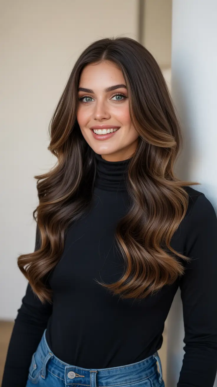 dark brown hair color 2026 Ultra-Glossy Espresso Brunette with Seamless Soft Contouring