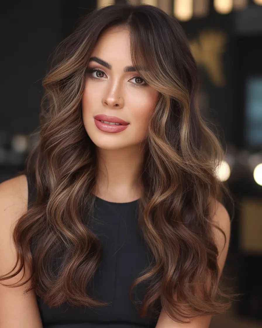 dark brown hair color 2026 Soft Caramel-Threaded Brunette Waves with Face Framing