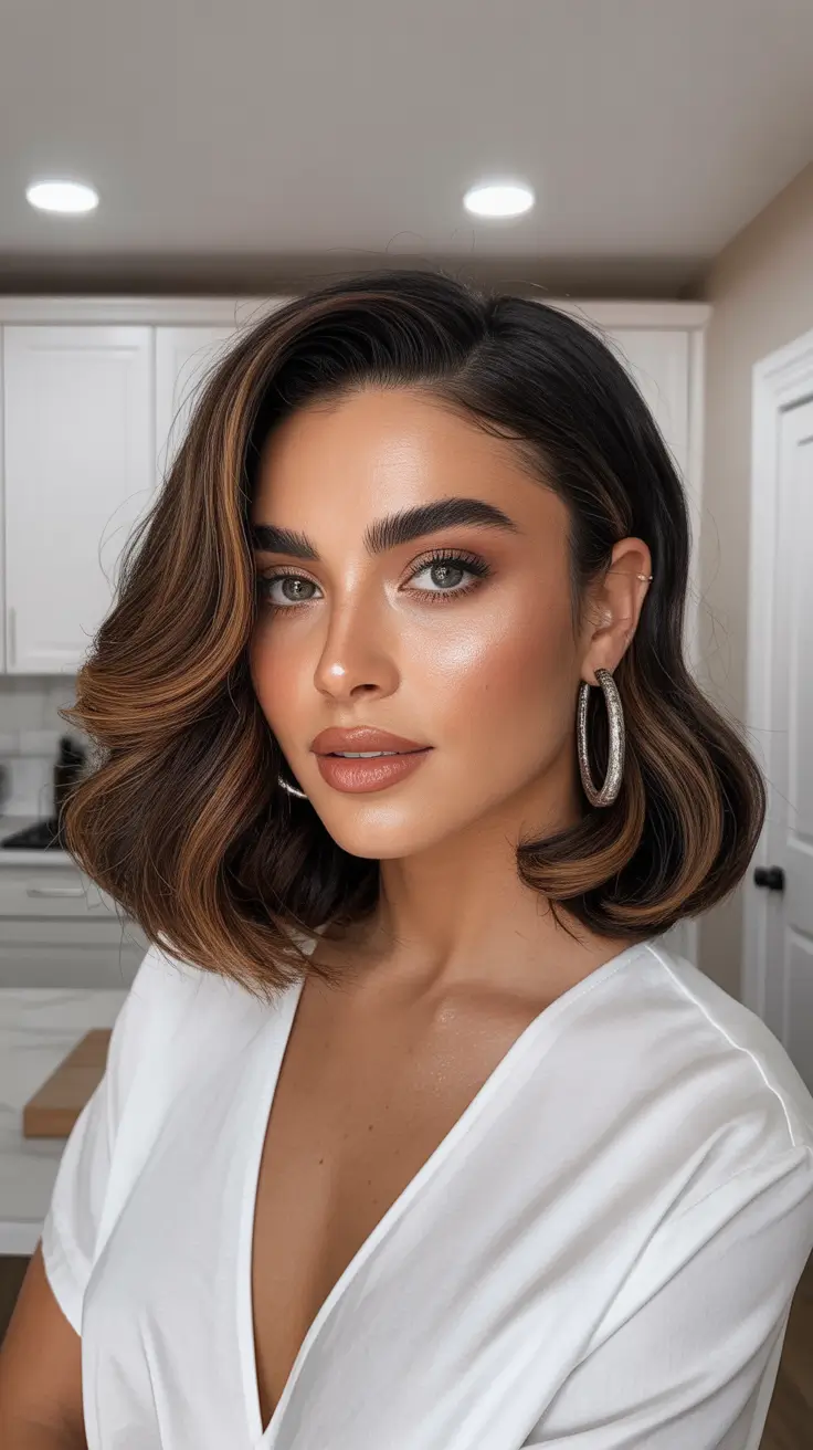 dark brown hair color 2026 Modern Chic Bob with Chocolate-Light Contouring