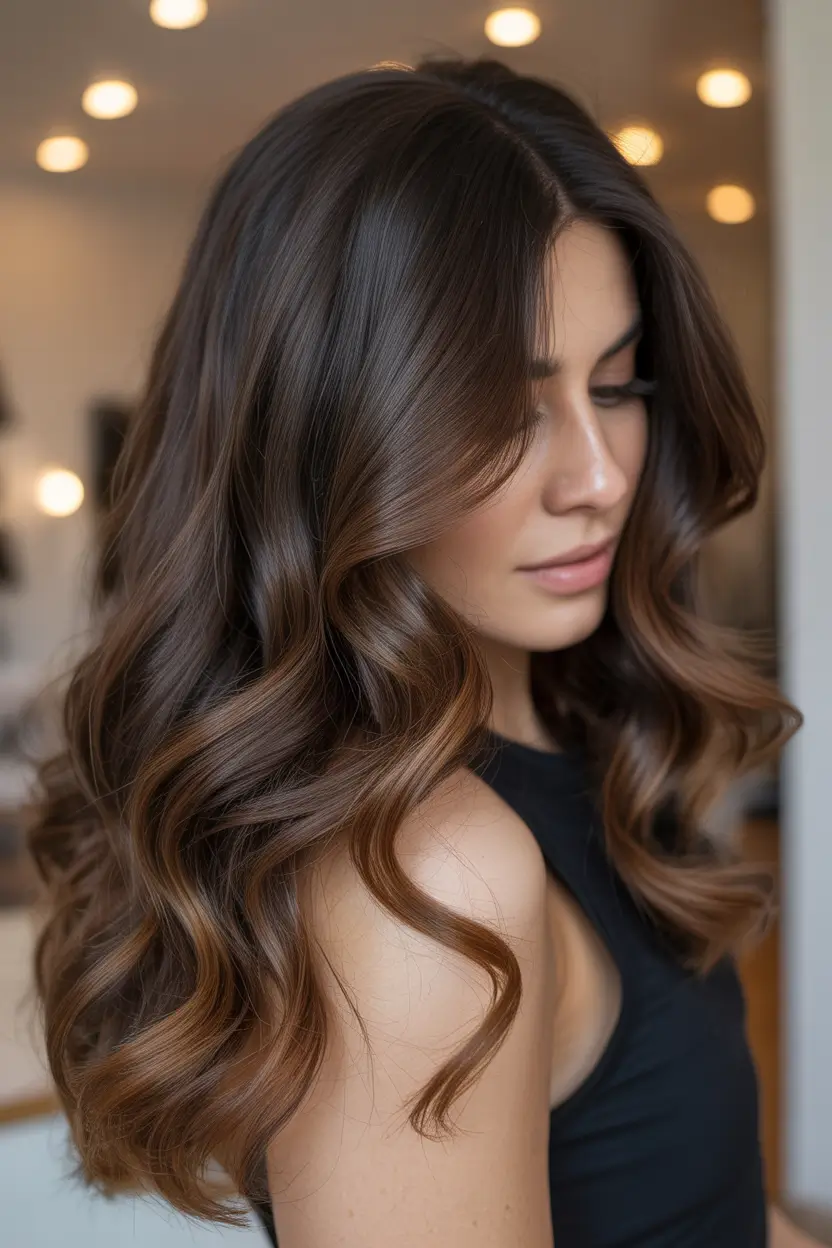 dark brown hair color 2026 Satin Brunette Waves in a Deep Espresso-Caramel Blend