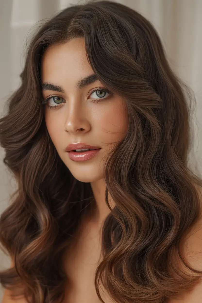 dark brown hair color 2026 Effortless Espresso Waves with Soft Warm Contours