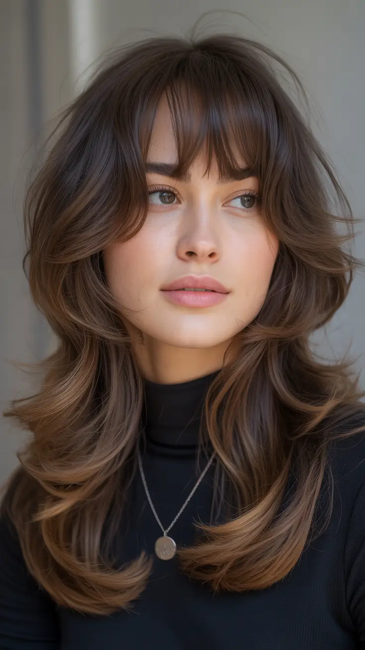 dark brown hair color 2026 Feathered Brunette Layers with Caramel-Tipped Movement