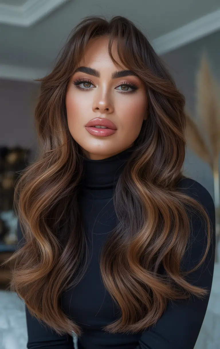 dark brown hair color 2026 Goddess-Length Brunette with Luxurious Caramel Flow