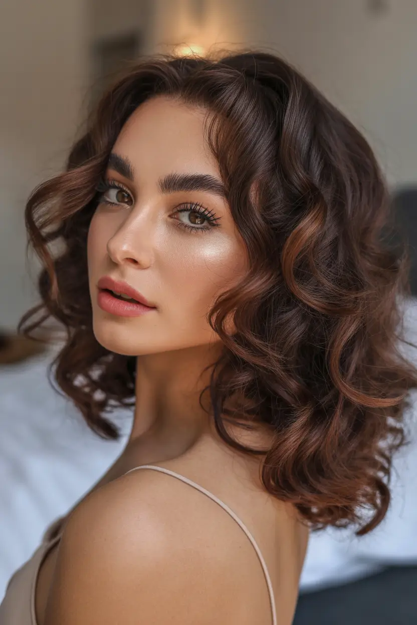 dark brown hair color 2026 Airy Curls with Warm Chocolate Swirls