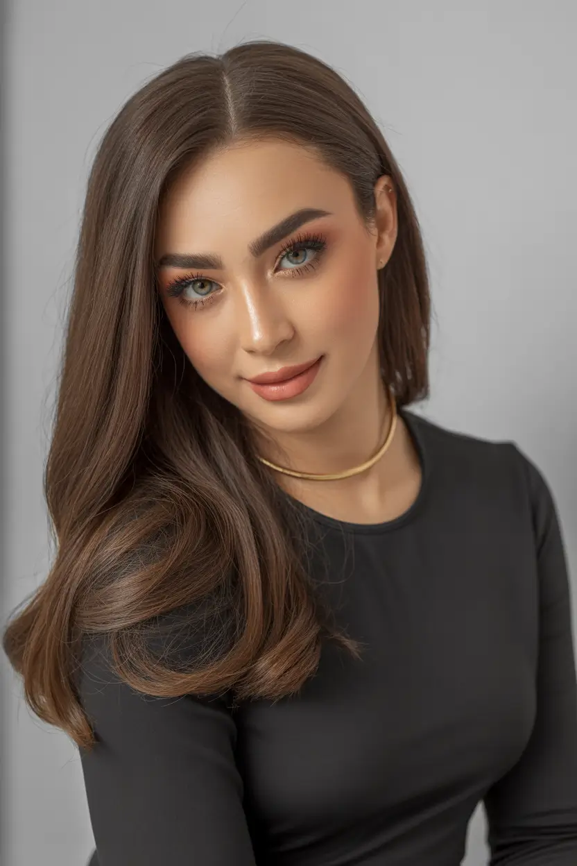 dark brown hair color 2026 Sleek Medium-Length Brunette with Subtle Glow