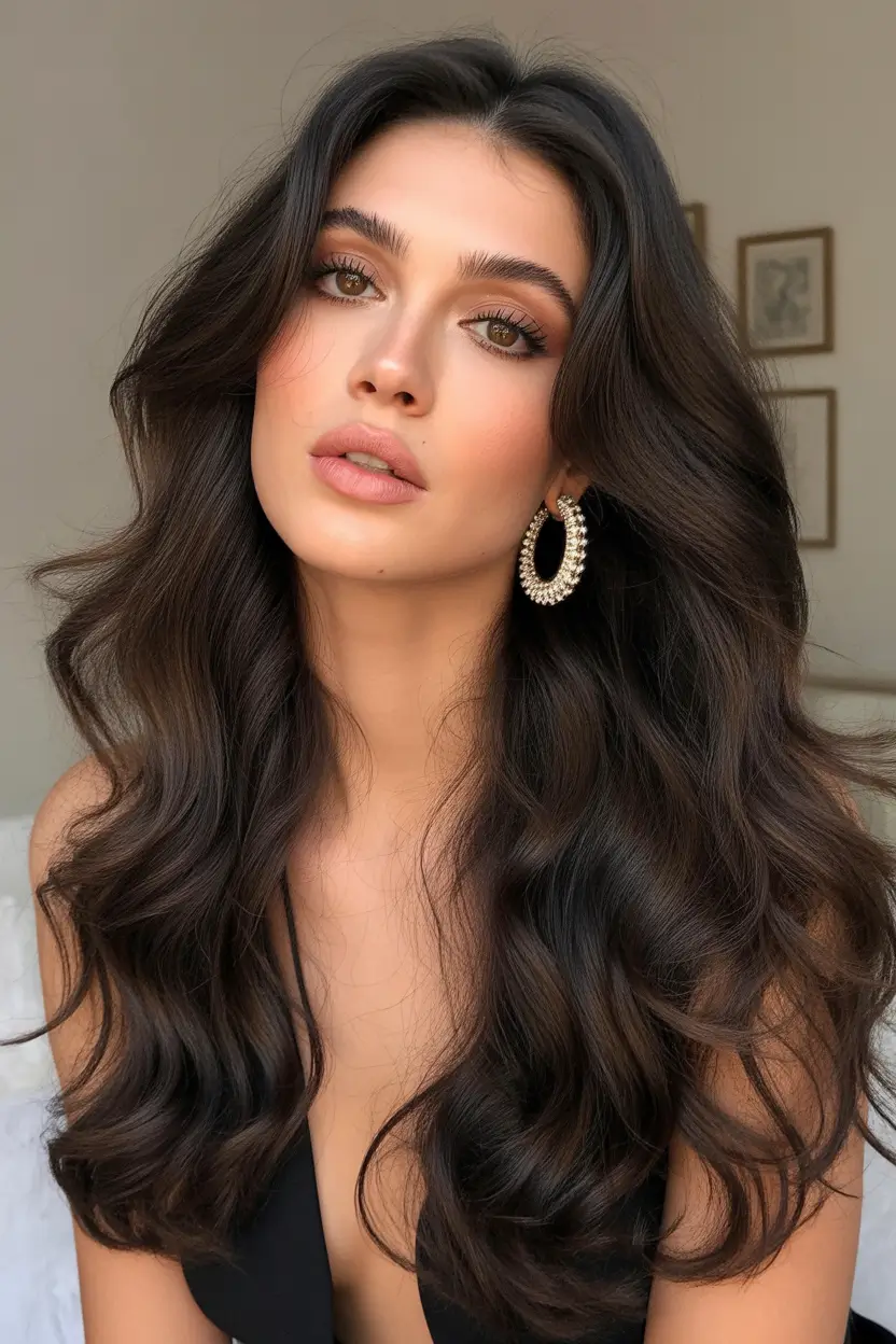 dark brown hair color 2026 Deep Voluminous Waves with Soft Cold Undertones