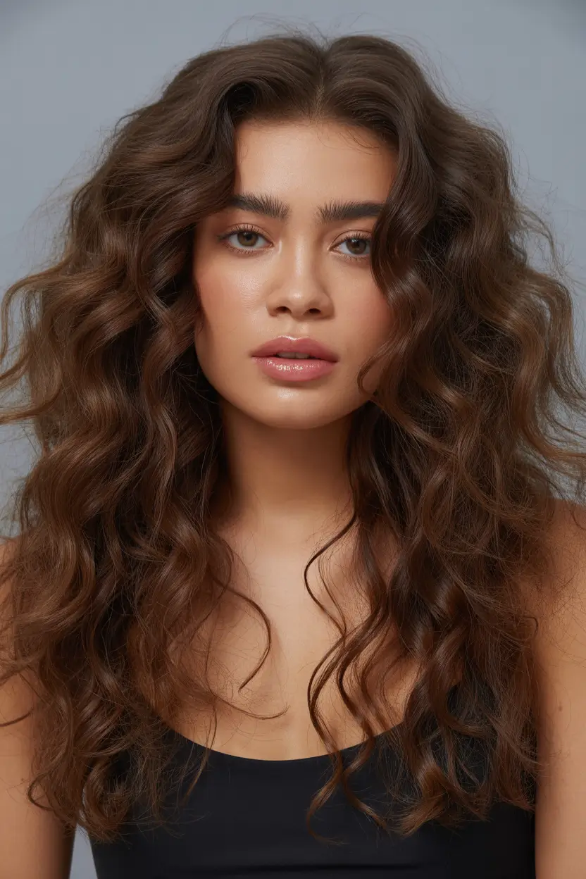 dark brown hair color 2026 Wild Voluminous Waves in a Soft Chocolate-Brown Flow