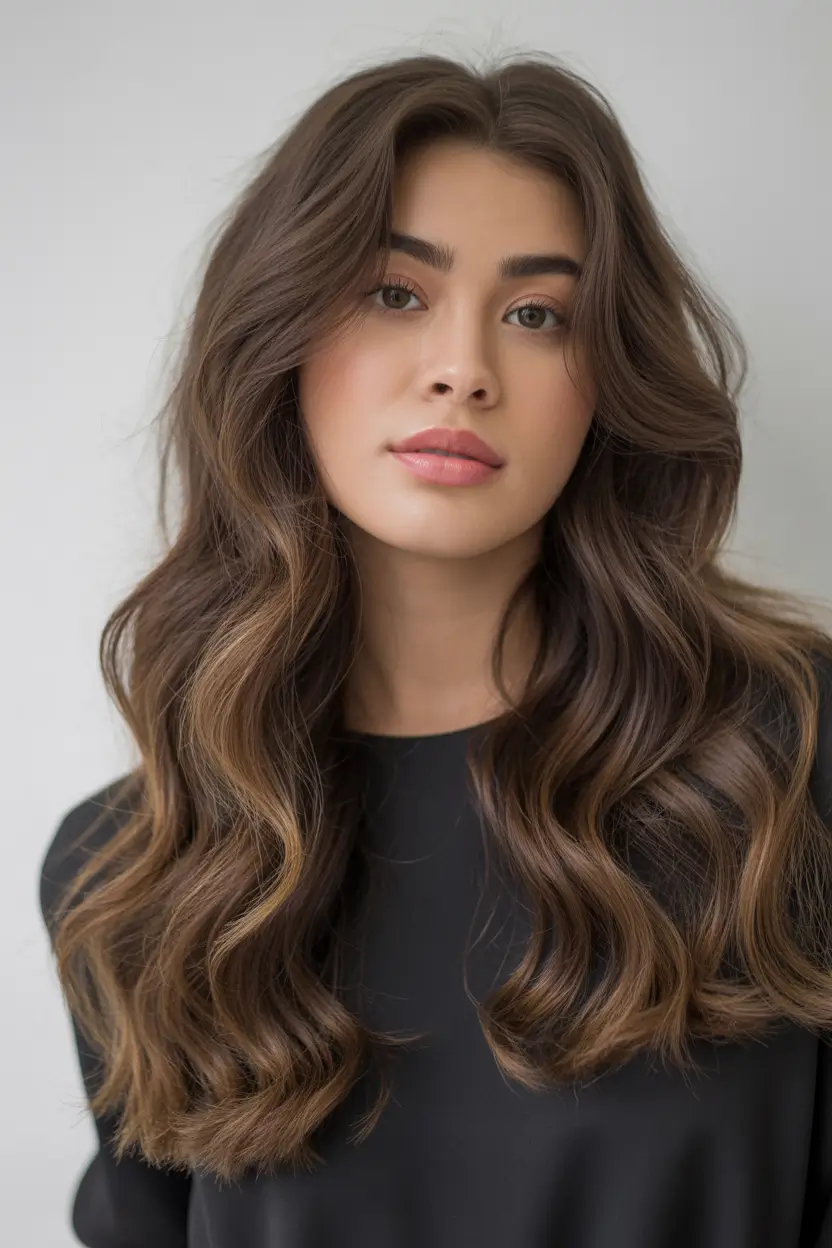 dark brown hair color 2026 Soft Brunette Waves with a Golden Contour Lift