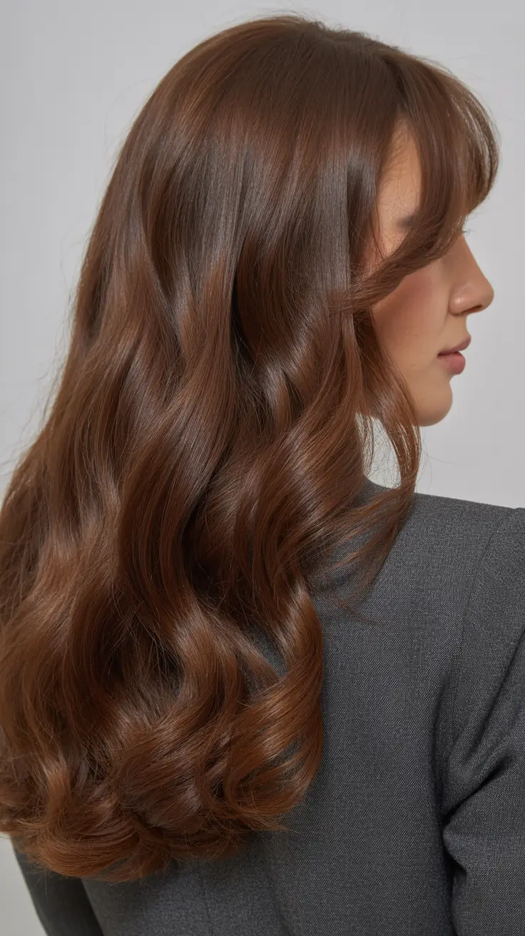 dark brown hair color 2026 Glossy Cinnamon-Brown Lengths with Soft Ribbon Waves