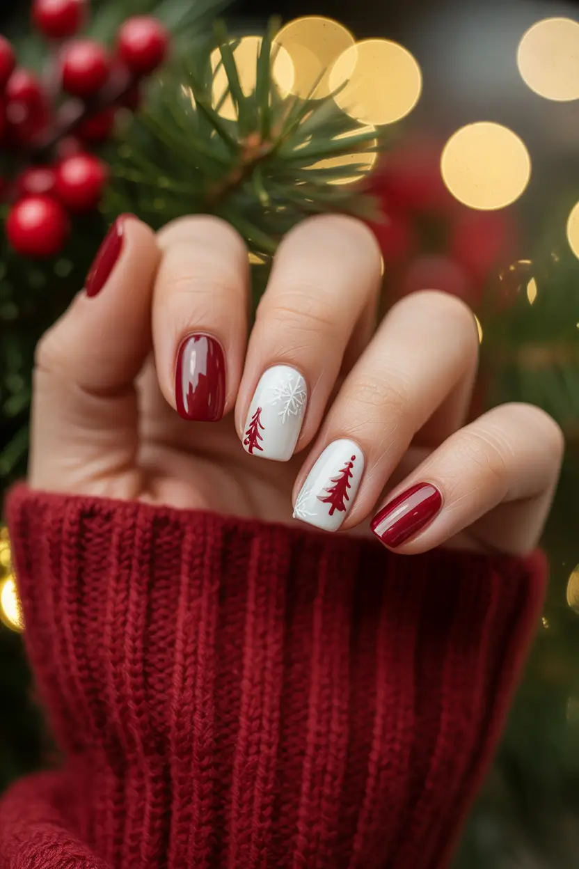 easy christmas nails Classic Red and White Holiday Glow