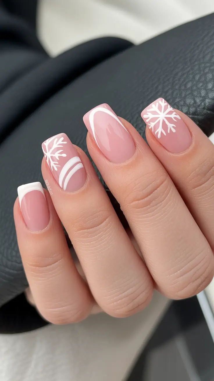 easy christmas nails Snowflake Chic French