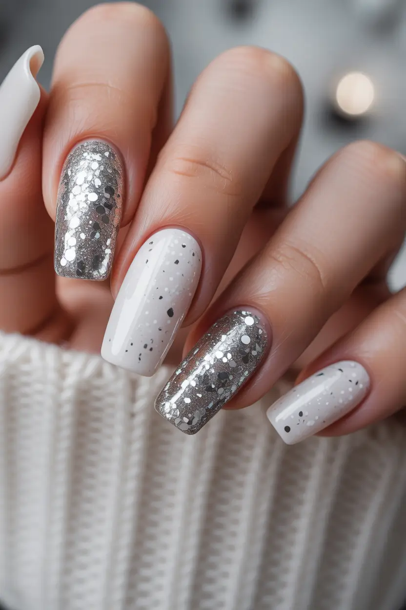 easy christmas nails Silver Snowfall Glam