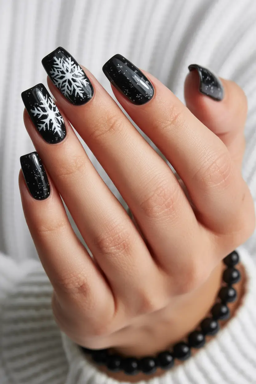 easy christmas nails Starry Black Snowflakes