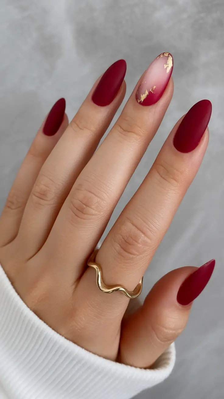 easy christmas nails Matte Burgundy with a Golden Twist