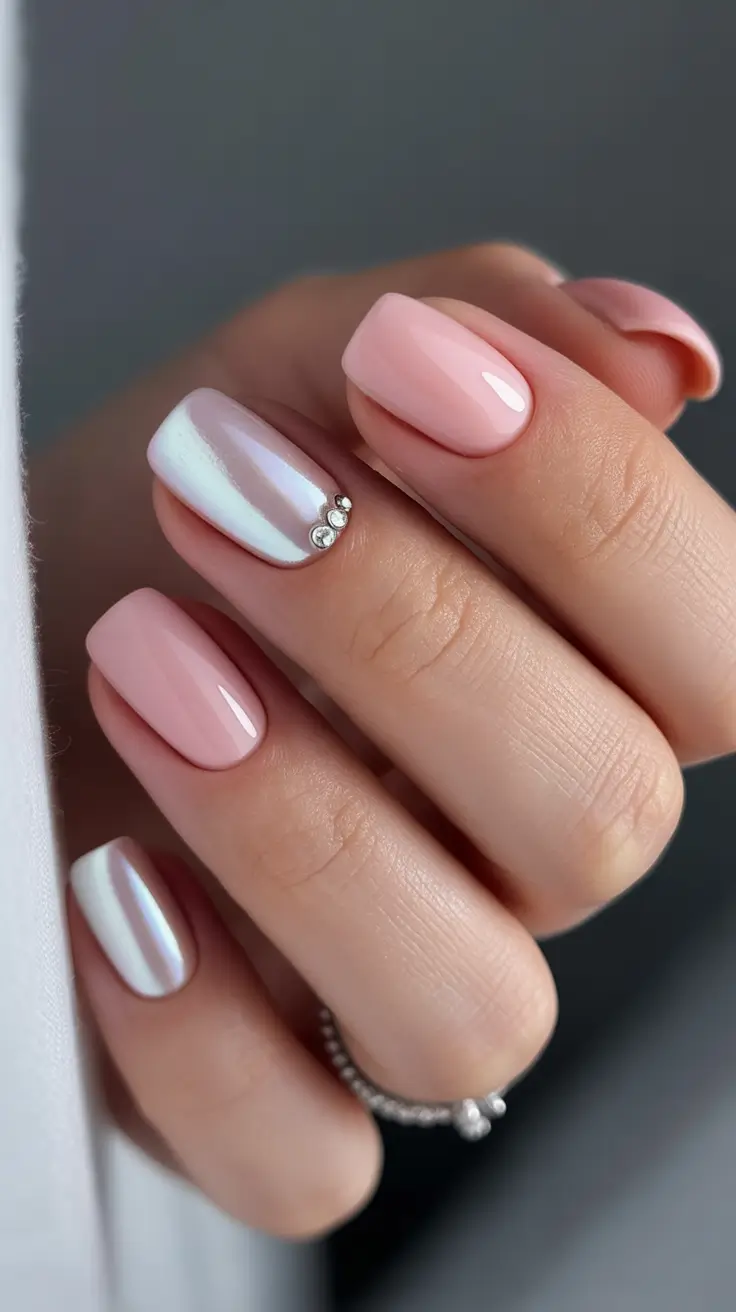 easy christmas nails Soft Pink Pearl Elegance