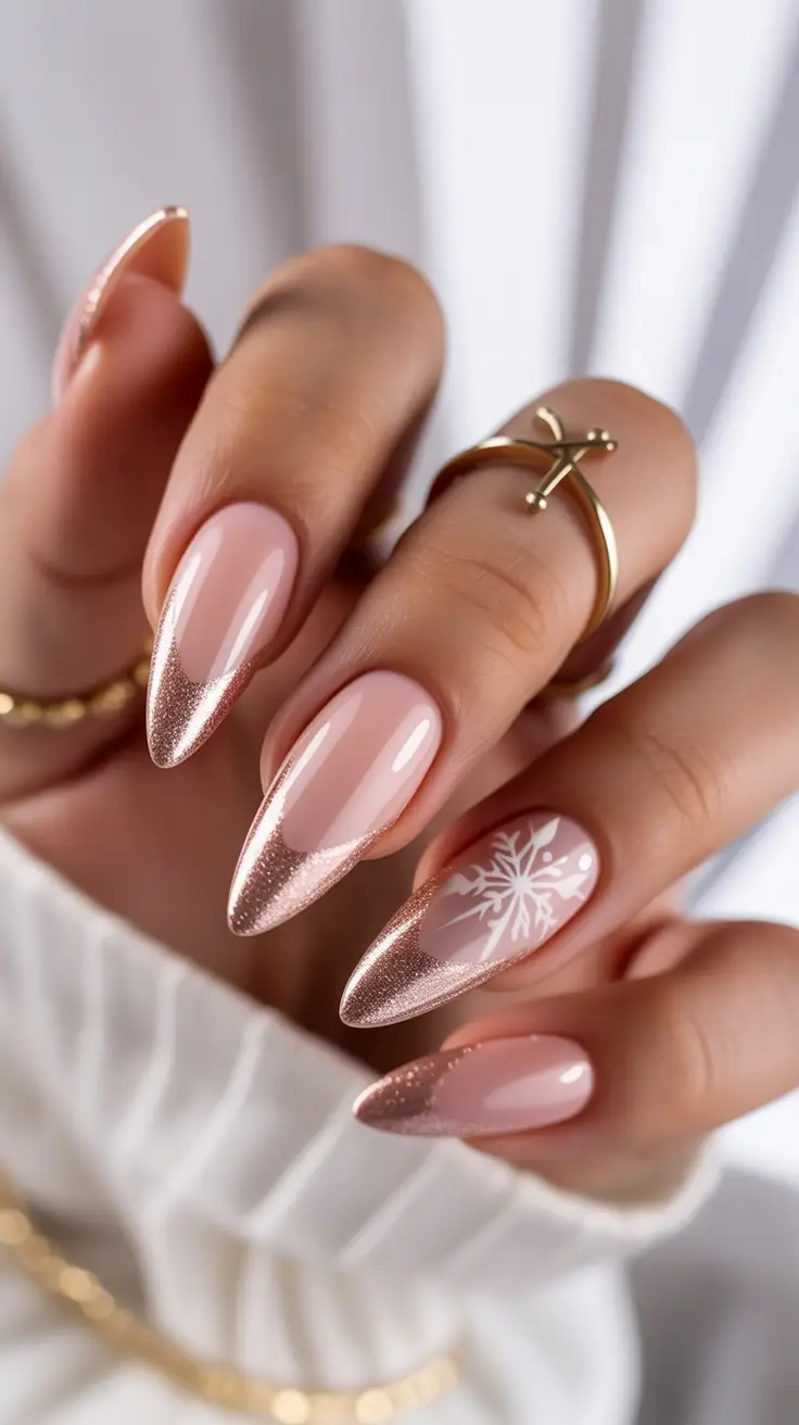 easy christmas nails Rose Gold Snowflake Dream