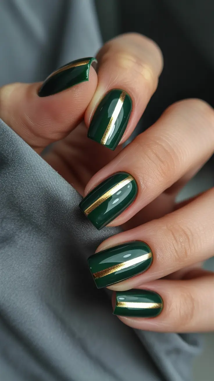 easy christmas nails Emerald Elegance with Gold Lines