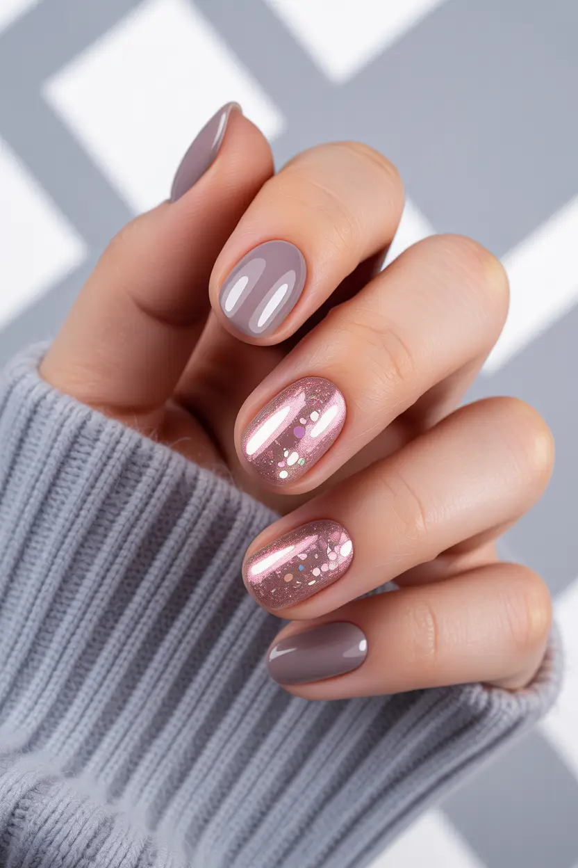 easy christmas nails Soft Mauve and Rosy Glitter Glow