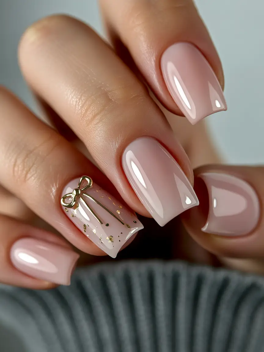 easy christmas nails Champagne Nude with a Golden Bow