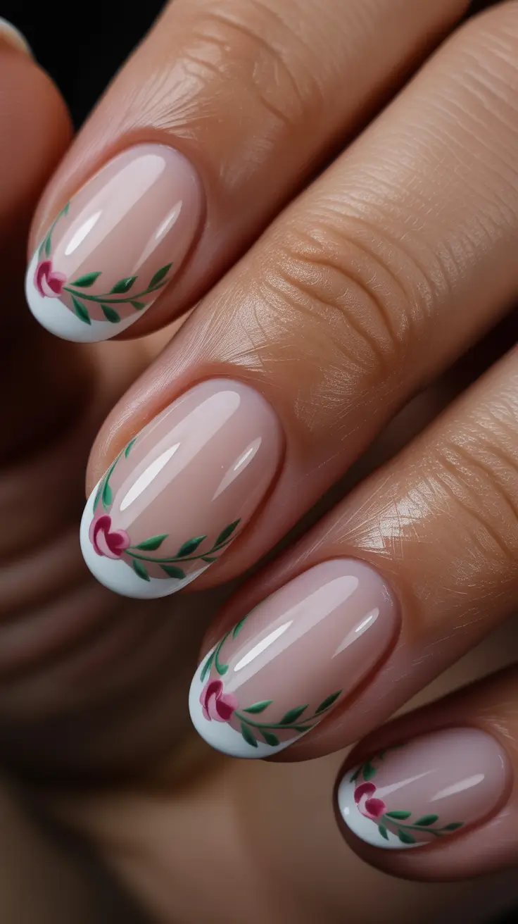 easy christmas nails Festive French with Holly Detail