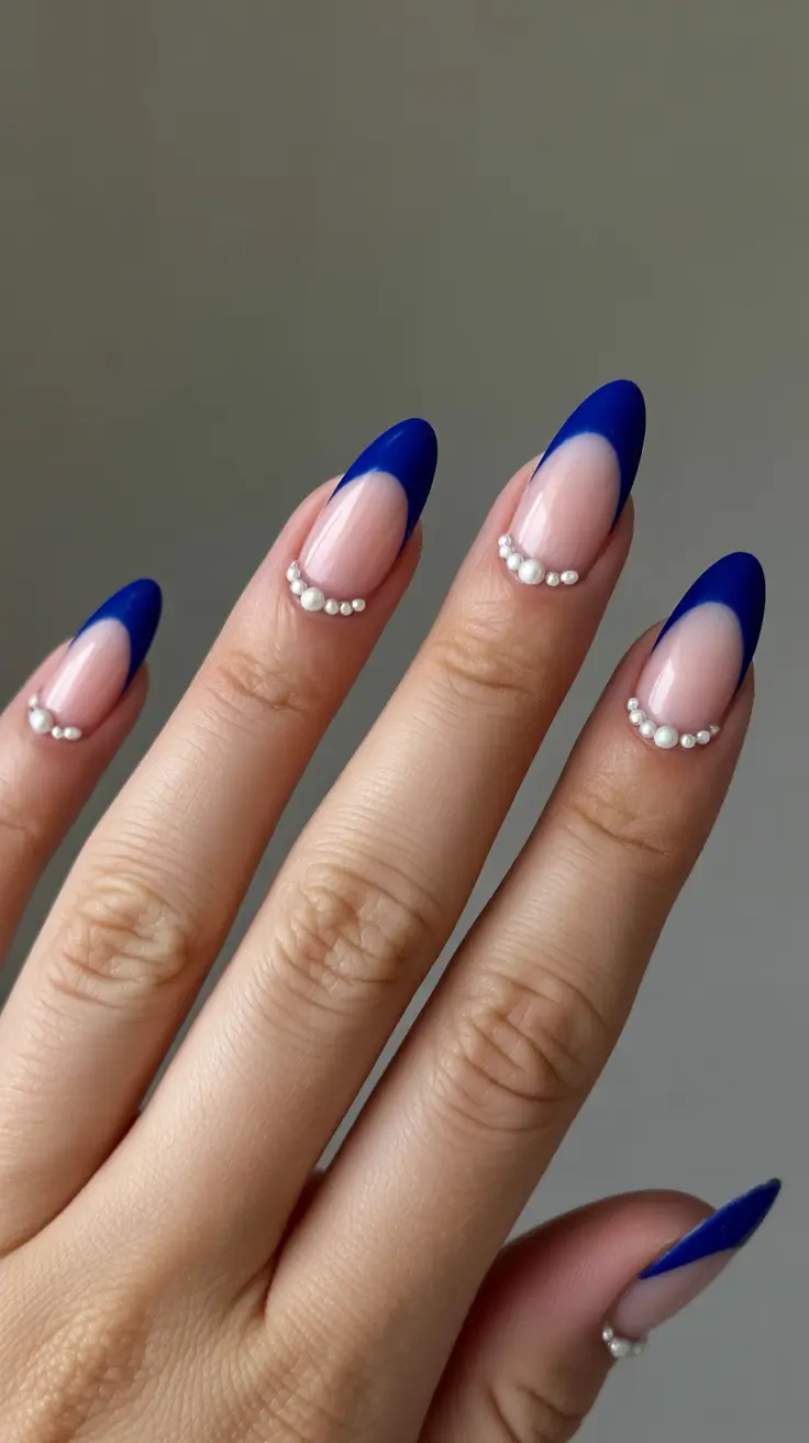easy christmas nails Royal Blue French with Pearls