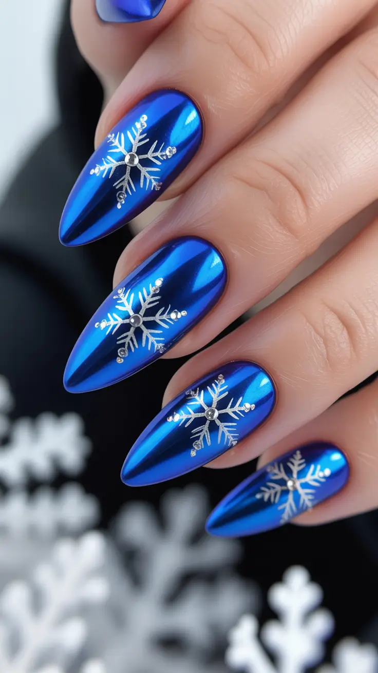 christmas nail design Blue Chrome Snowflakes