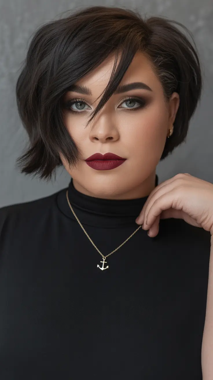 Haircuts for Plus Size Women Asymmetrical Jet-Black Bob With Dramatic Side Sweep