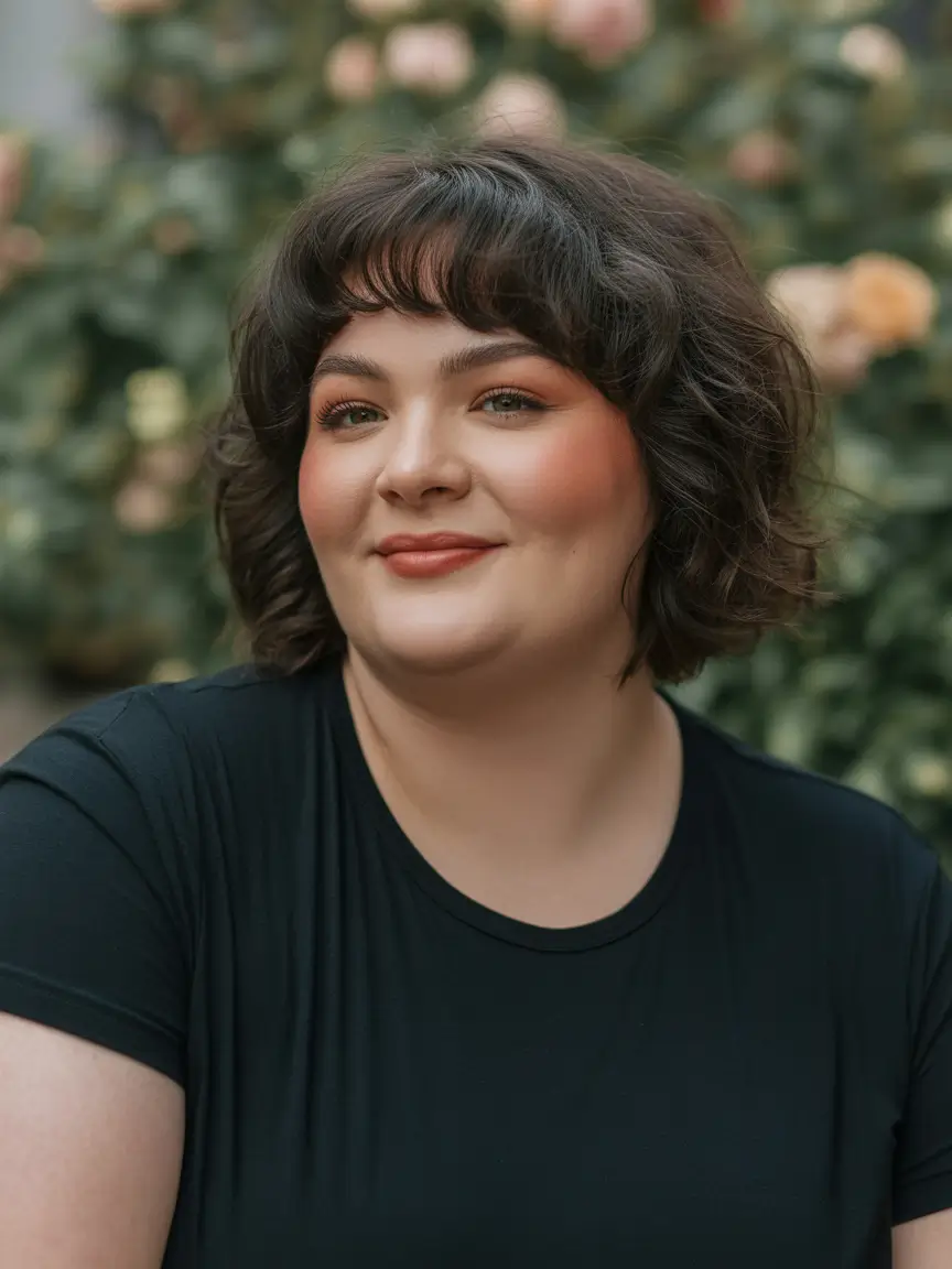 Haircuts for Plus Size Women Soft Curly Bob With Wispy Baby Bangs